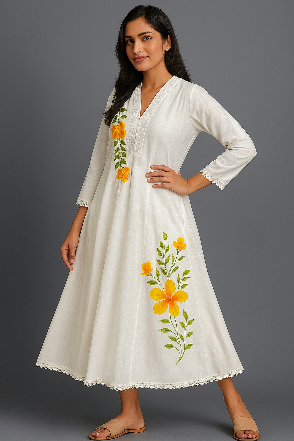 Ethnics White Painted Floral Long 3 Piece Kurti