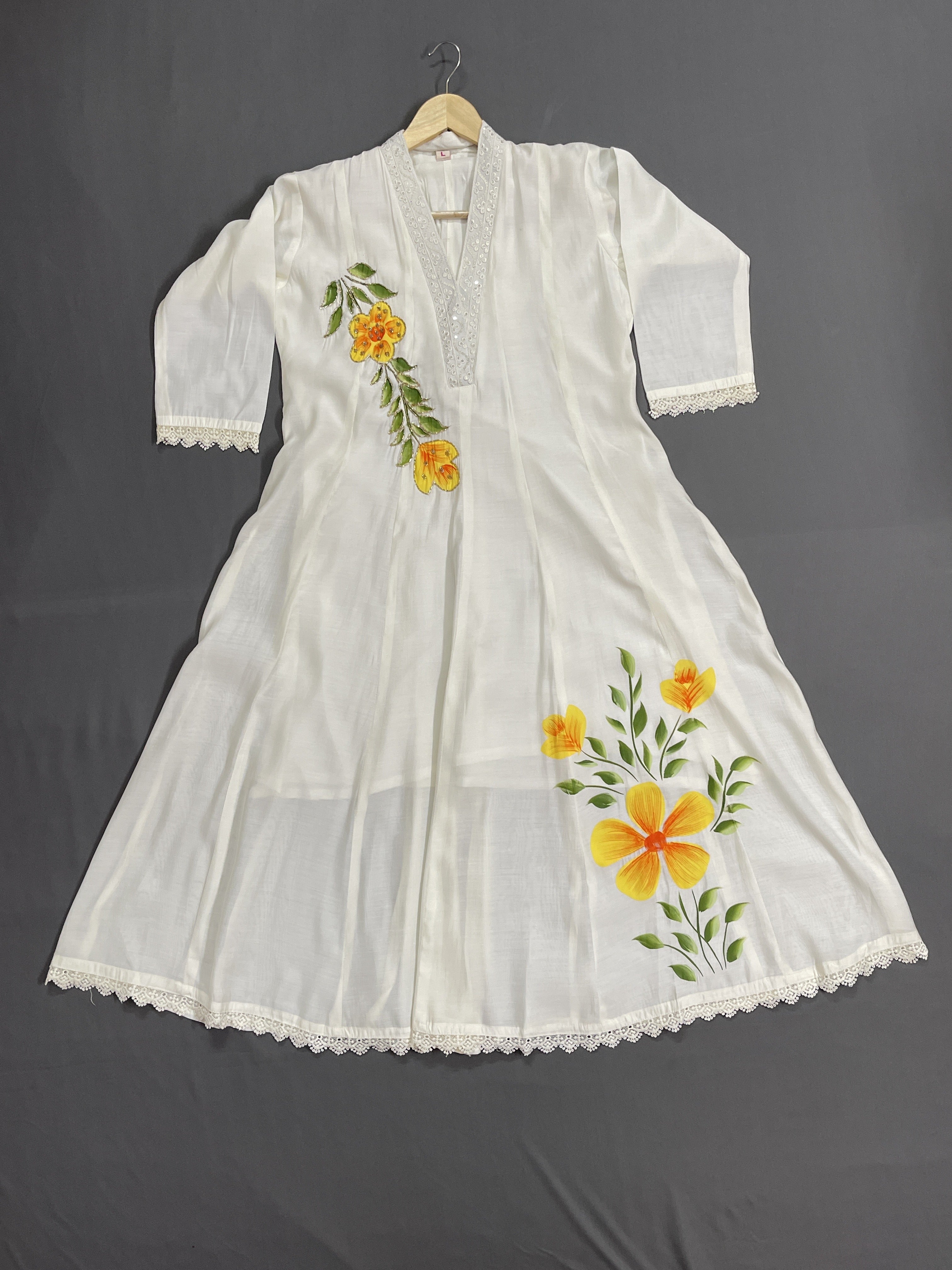 Ethnics White Painted Floral Long 3 Piece Kurti