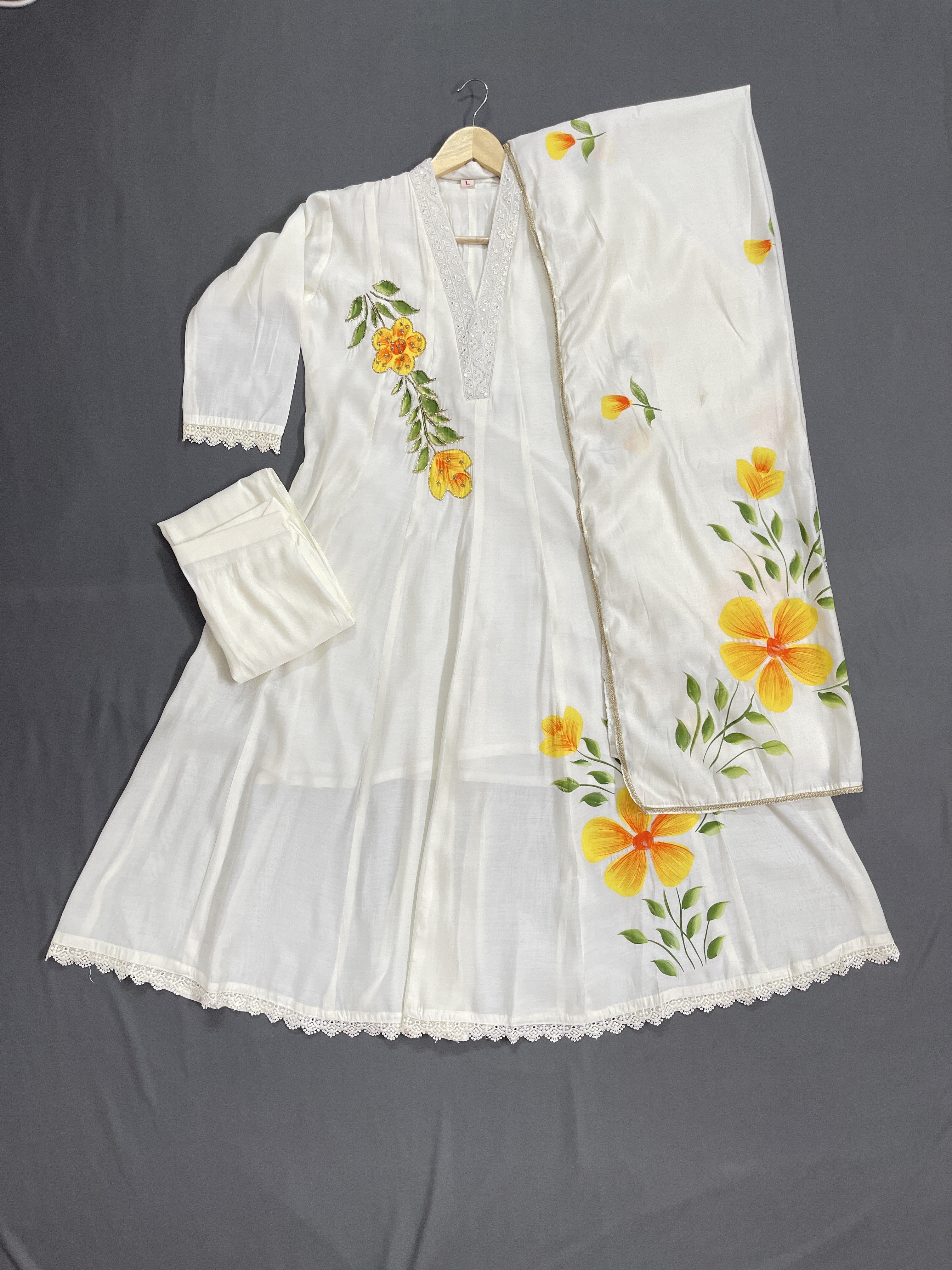 Ethnics White Painted Floral Long 3 Piece Kurti
