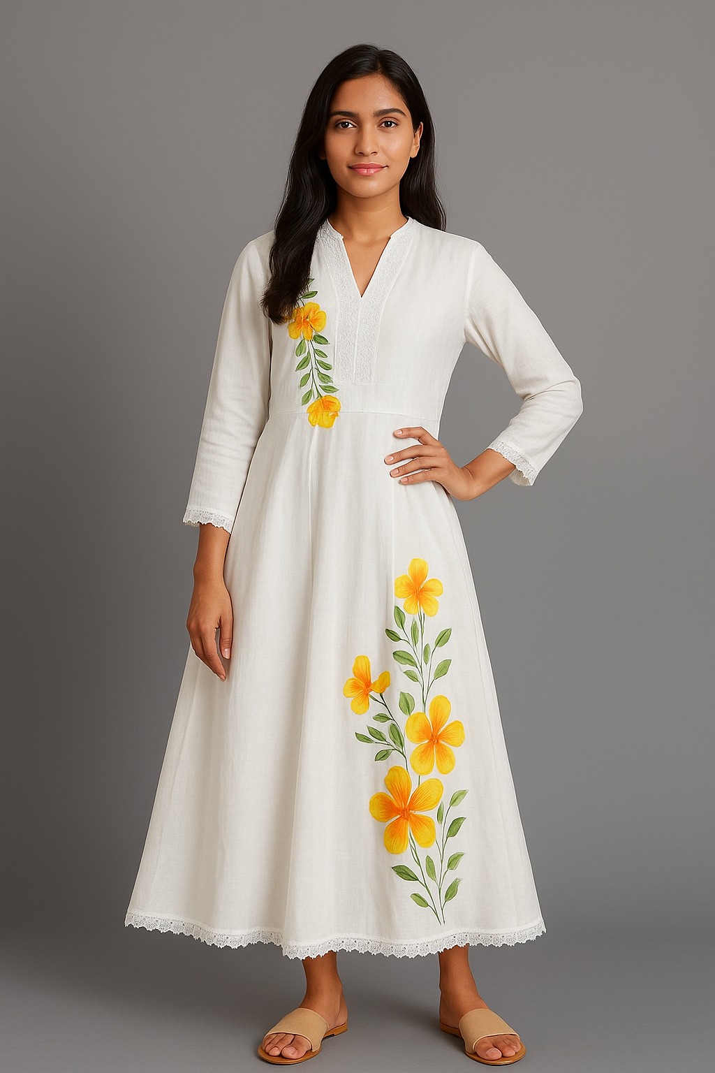 Ethnics White Painted Floral Long 3 Piece Kurti