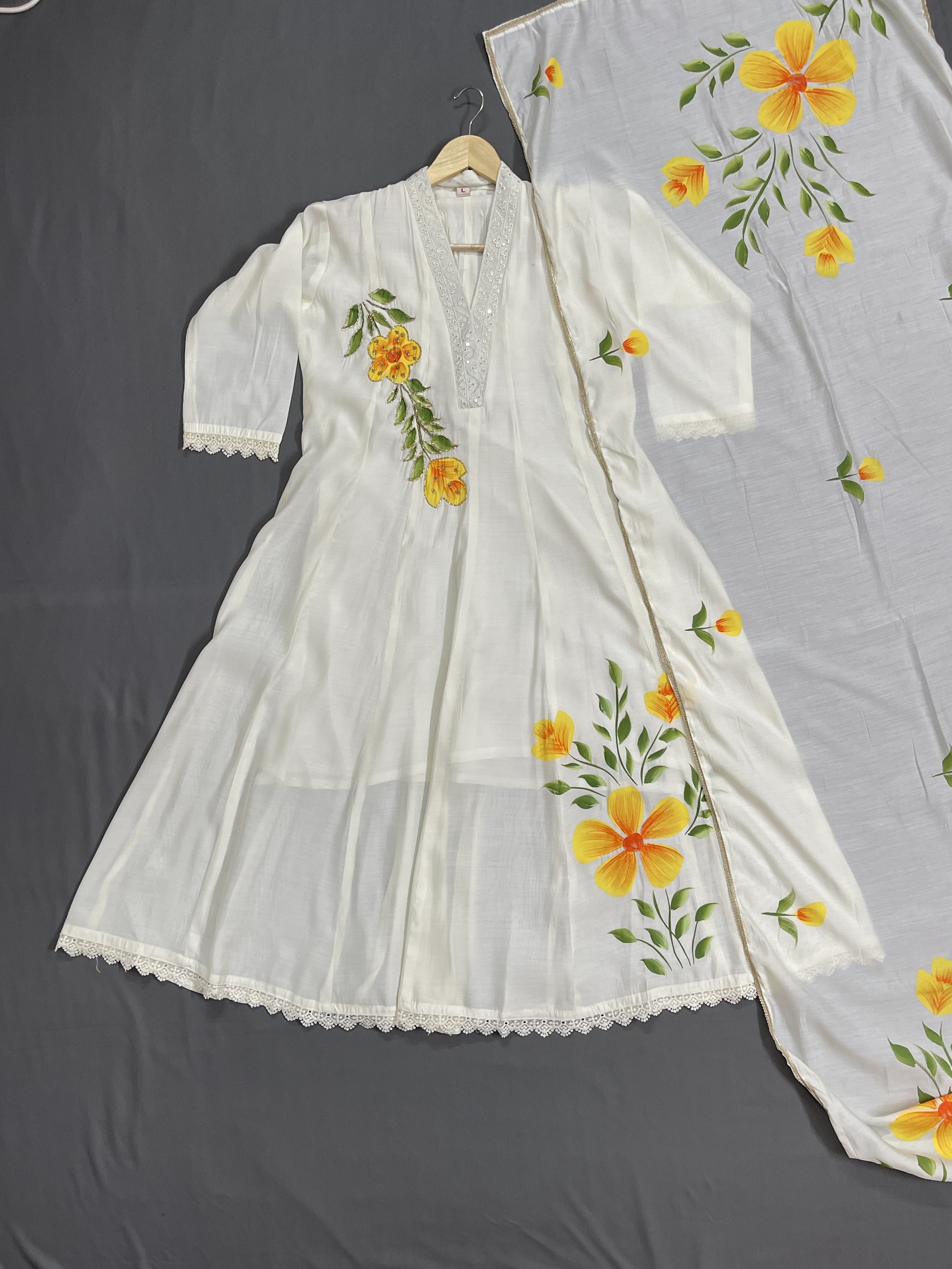 Ethnics White Painted Floral Long 3 Piece Kurti