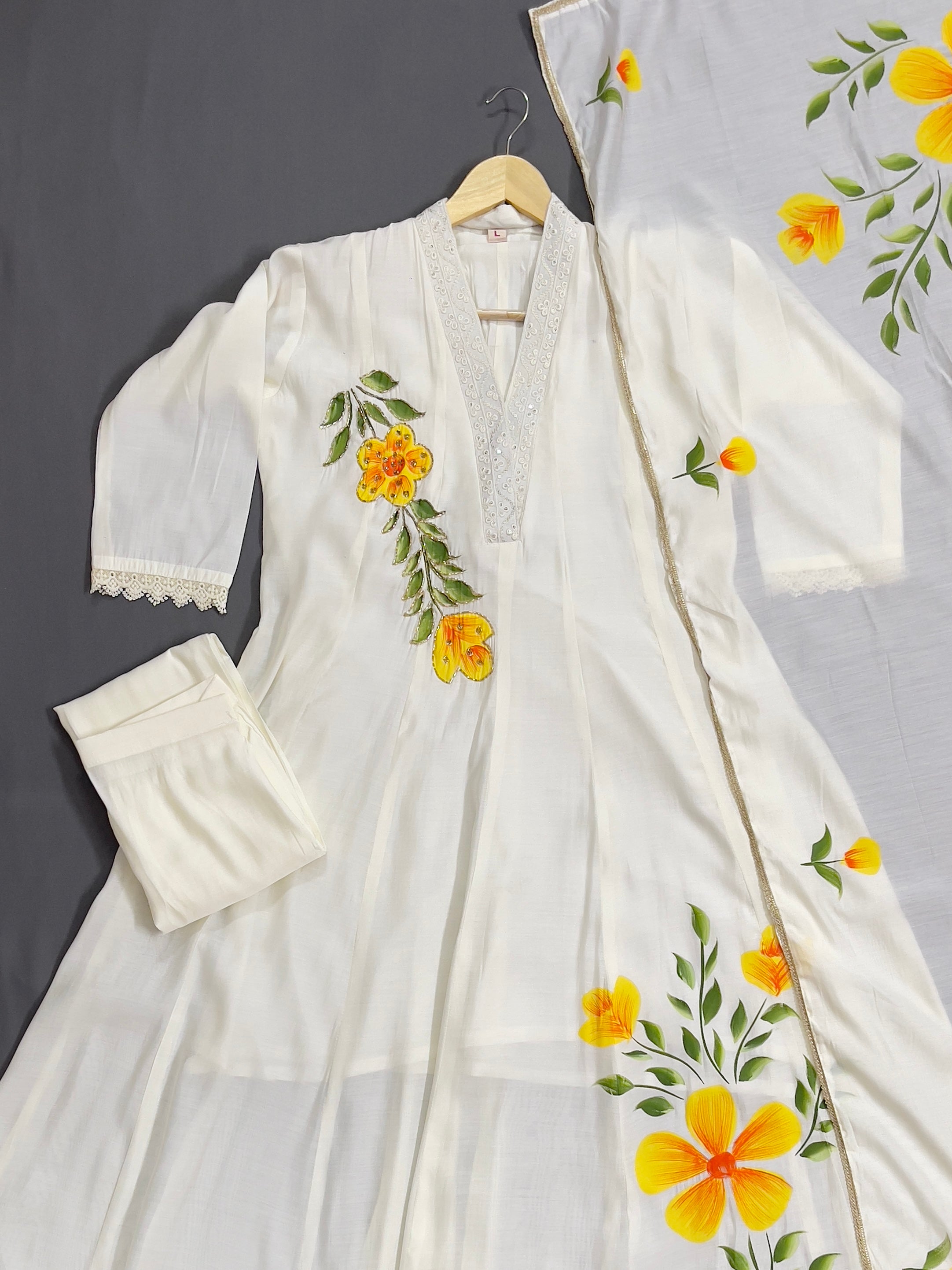 Ethnics White Painted Floral Long 3 Piece Kurti