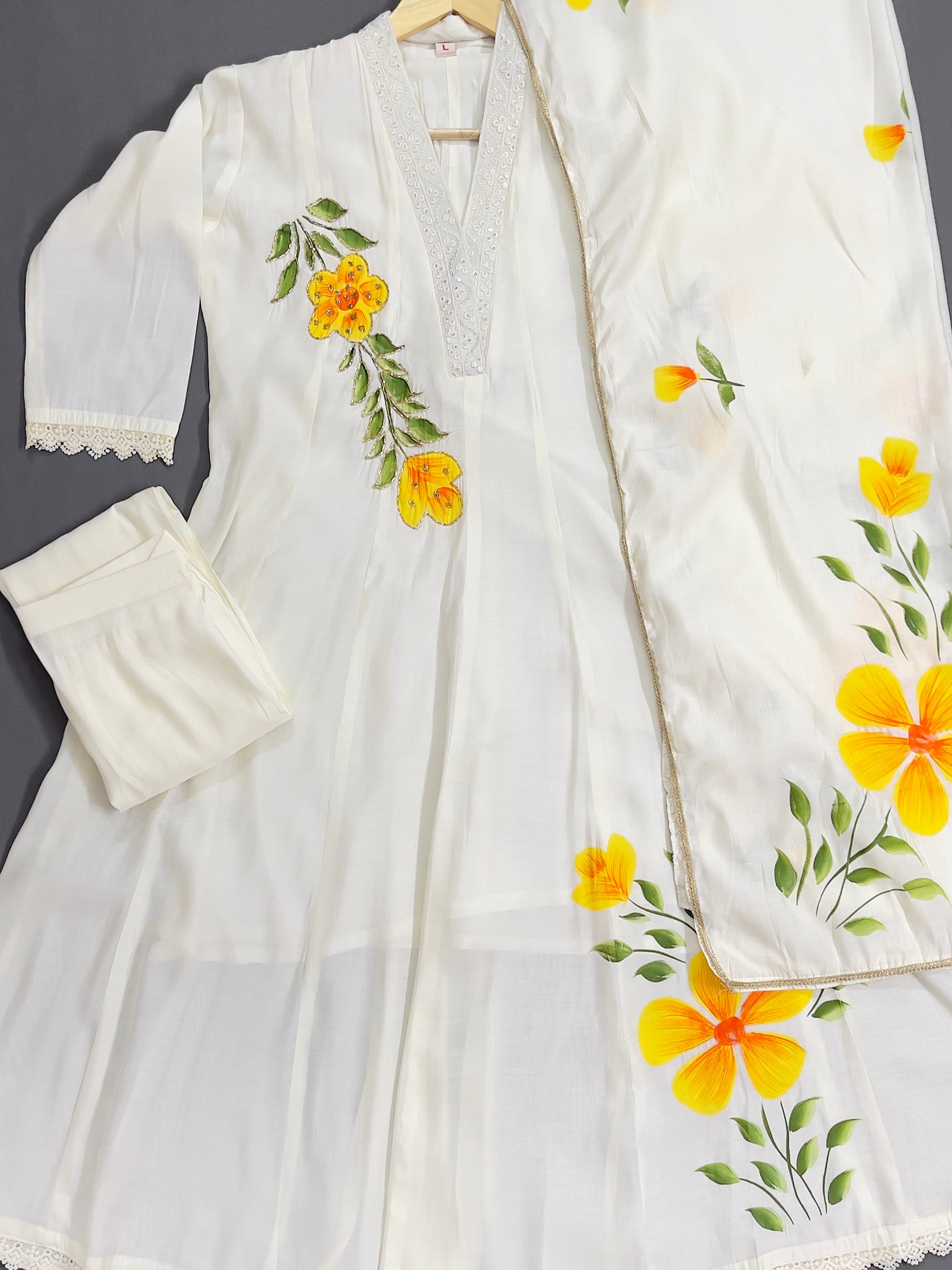 Ethnics White Painted Floral Long 3 Piece Kurti